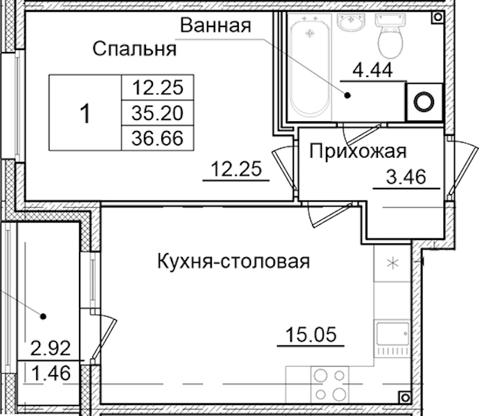 1-комнатная квартира 36.66 м², 2/9 эт., ЖК «Квартал Заречье»